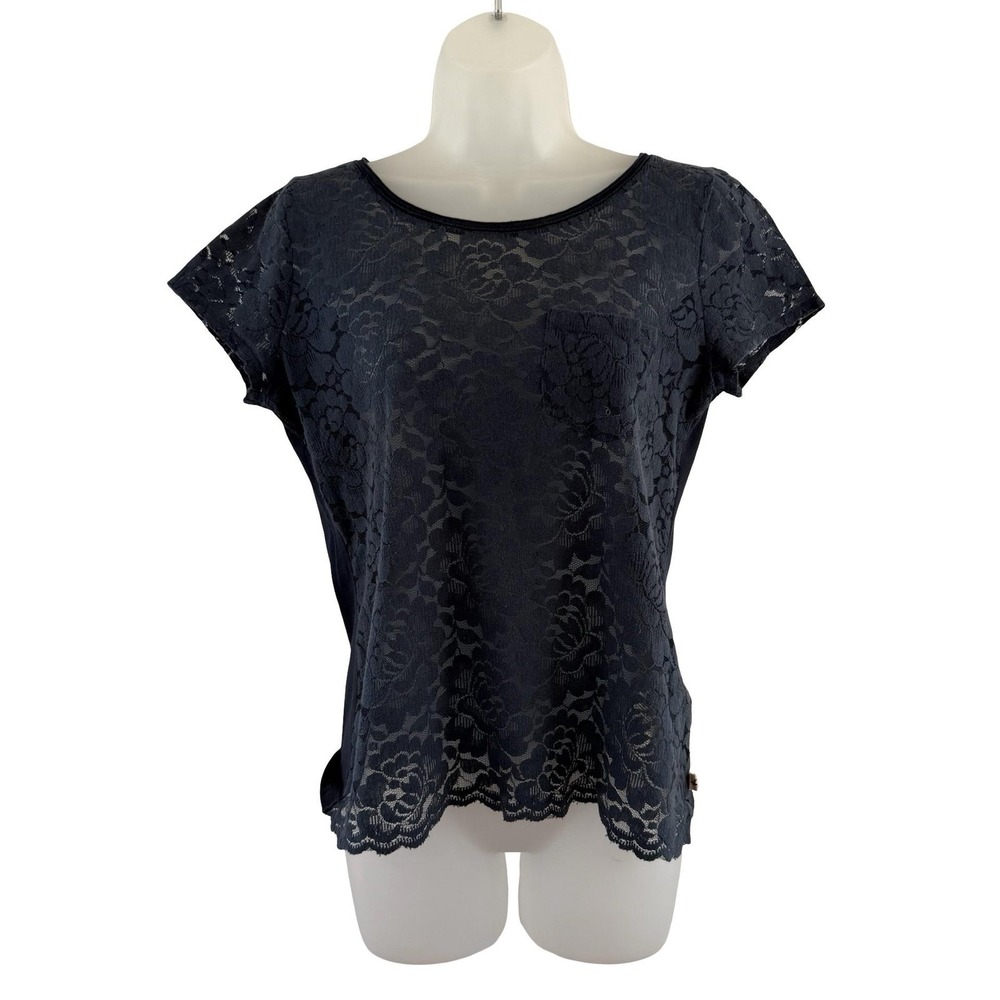Hollister Y2K Dark Romantic Lace Top Womens Small Navy Sheer Fairy Grunge Pocket